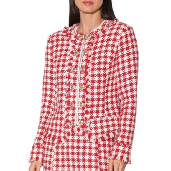 Walter Baker Red and White Picnic Tweed Houndstooth Fringe Jacket -S - Picture 1 of 6